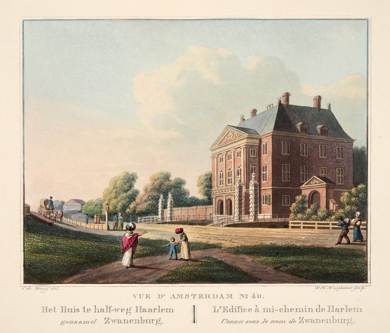 阿姆斯特丹No.40的视图。 Het Huis te half-weg Haarlem genaamd Zwanenburg。 Edificea到哈林区的一半，被称为Zwanenburg，1825年（手工彩色雕刻） 作者 科尼利斯·德克鲁伊夫