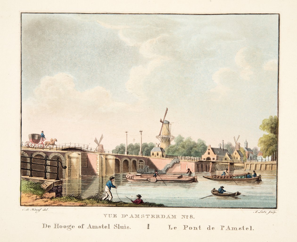 Vue d&39;Amsterdam No.8。 De Hooge或Amstel Sluis。 Le Pont de l&39;Amstel，1825年（手工彩色雕刻） 作者 科尼利斯·德克鲁伊夫