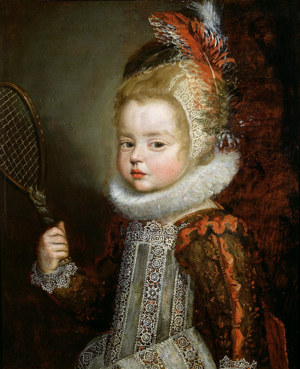一个孩子拿着球拍的肖像（面板上的油） 作者 Cornelis de Vos