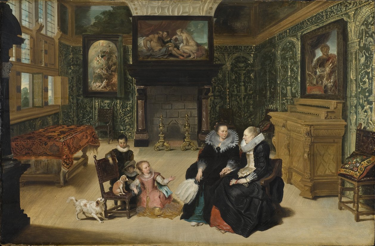 Interieur，称为沙龙鲁本斯 - 室内，称为“”鲁本斯沙龙“”，由 Vos, Cornelis de (1584-1651)。 木头上的油。 尺寸：75x115 厘米。 斯德哥尔摩国家博物馆 作者 Cornelis de Vos