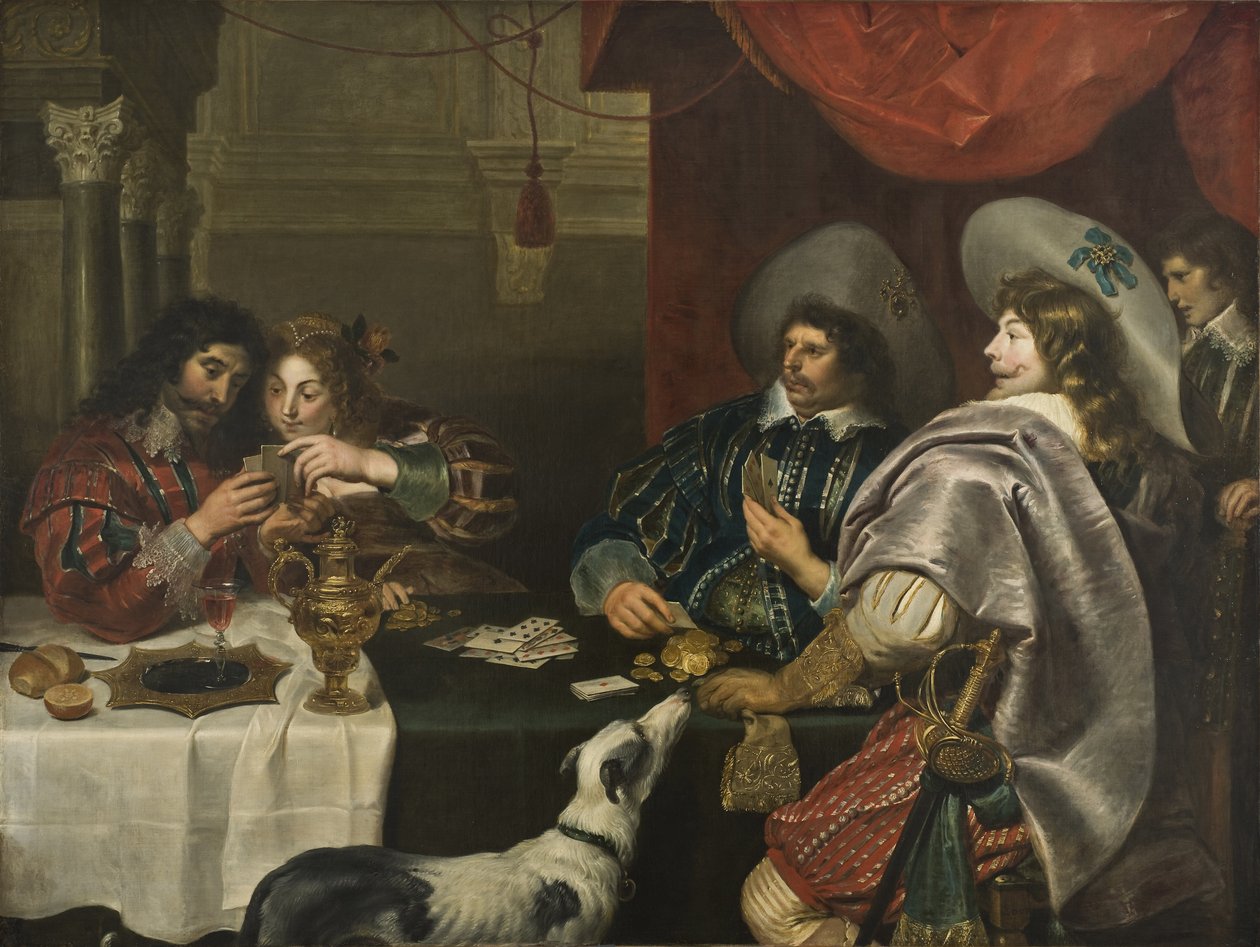 Le jeu de carte - 纸牌游戏，由Vos, Cornelis de (1584-1651)创作。布面油画。尺寸：171x228厘米。斯德哥尔摩国家博物馆 作者 Cornelis de Vos