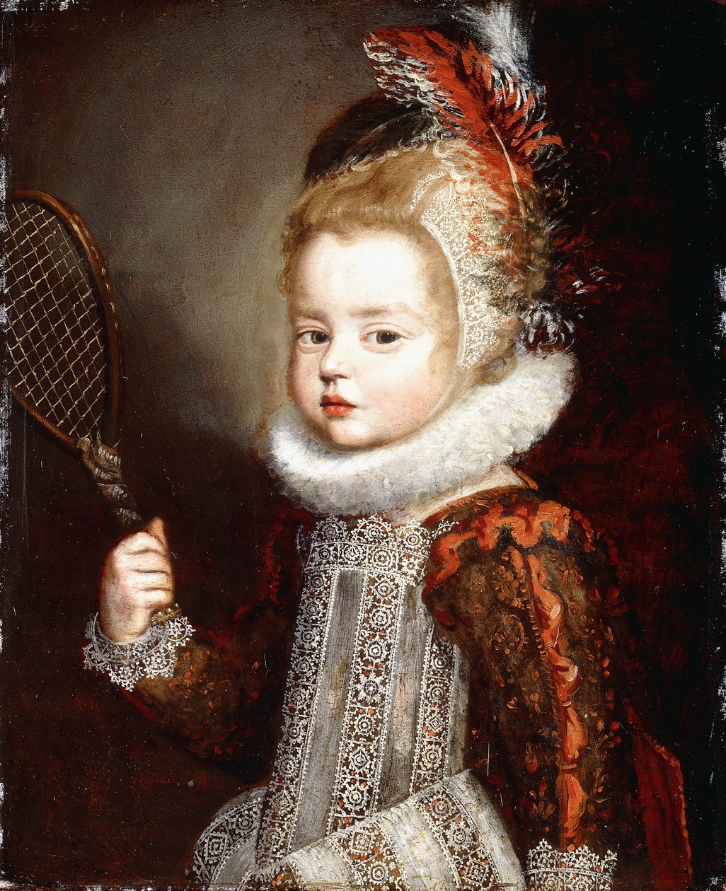 一个女孩的肖像，一半长，拿着网球拍 作者 Cornelis de Vos