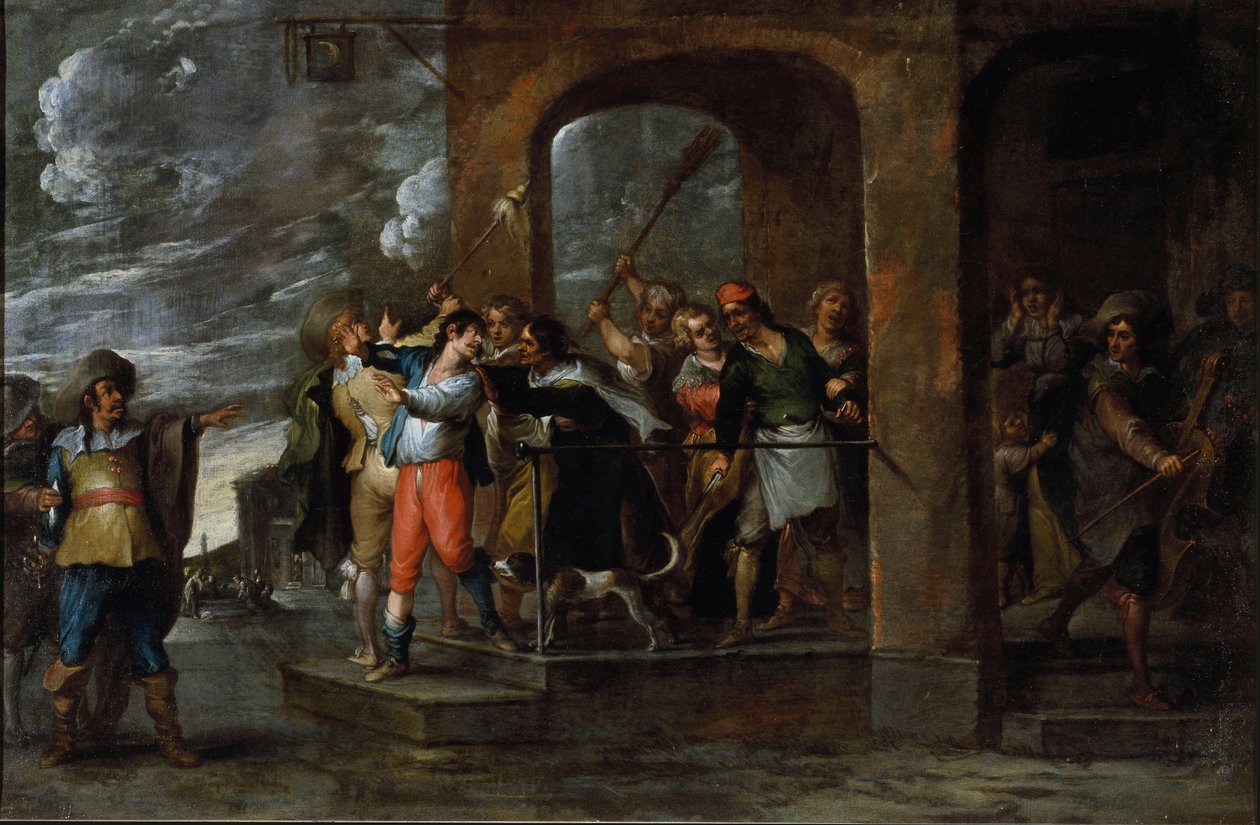 History of the prodigal son: expulsion. Painting by Cornelis De Wael (1592-1667), circa 1630-1639. Flemish art. Oil on canvas. Dim: 57x86cm. Genes, Privee Collection. 作者 科内利斯·德·瓦尔
