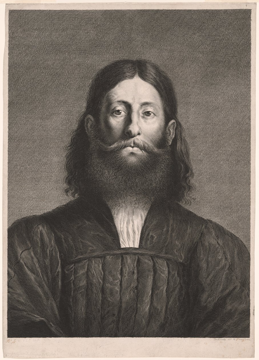 大胡子肖像》（所谓的乔尔乔内肖像），选自 Cabinet Reynst；《Variarum imaginum a celeberrimis artificibus pictarum Caelaturae》（Cabinet Reynst：著名艺术家绘制的各种图像的雕刻作品） 作者 科尼利斯·范·达伦二世