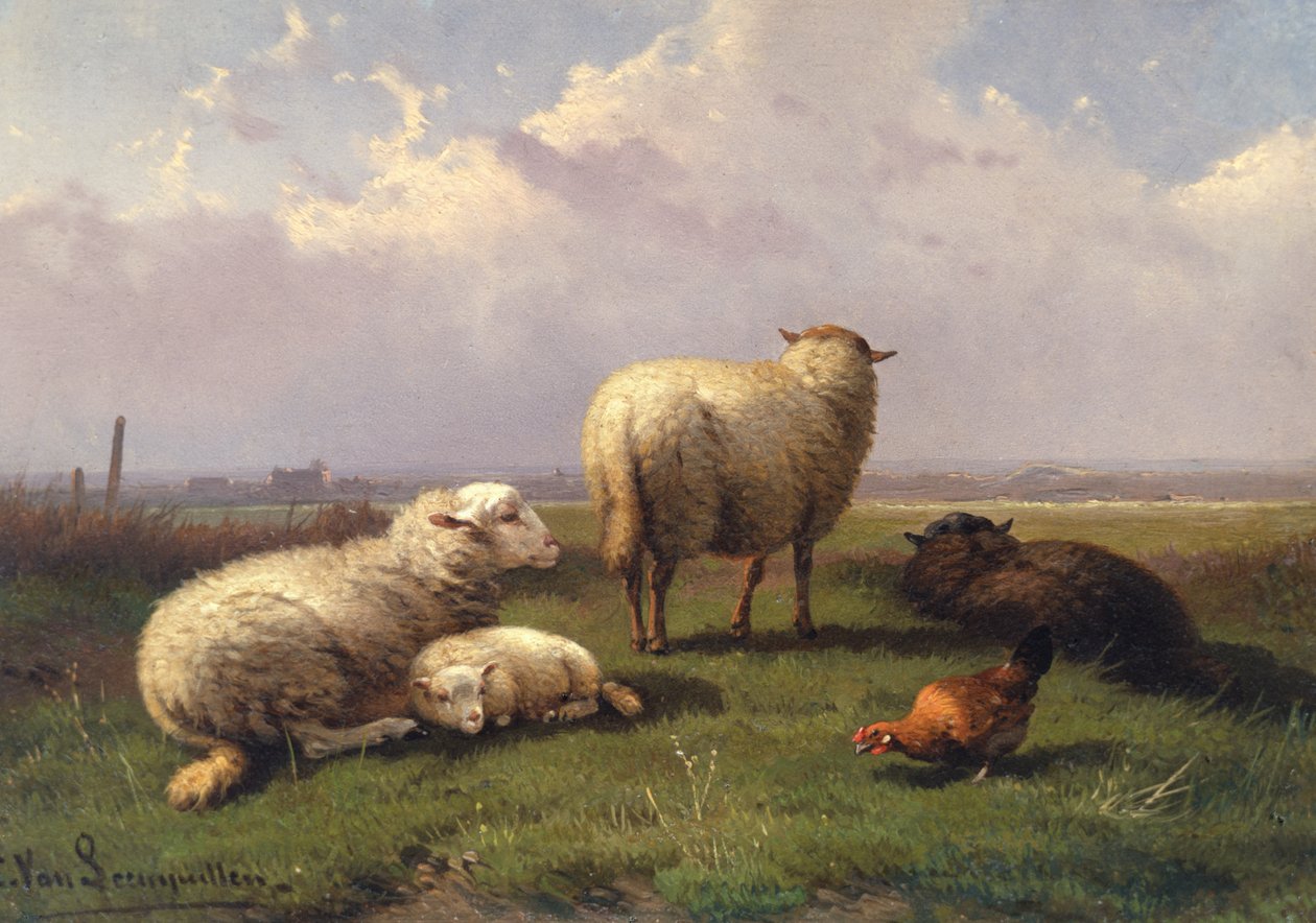 绵羊在牧场打瞌睡，19世纪 作者 Cornelis van Leemputten