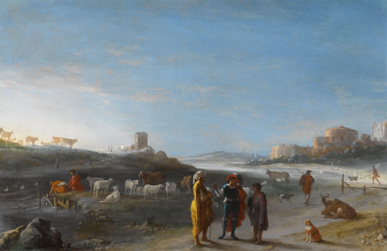 一幅意大利风景画，主题不明，来自《旧约》 作者 Cornelis van Poelenburch