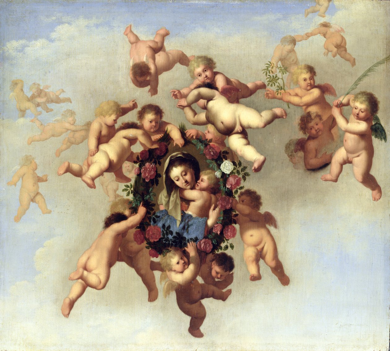 天使携带麦当娜的肖像到天堂 作者 Cornelis van Poelenburgh或Poelenburch