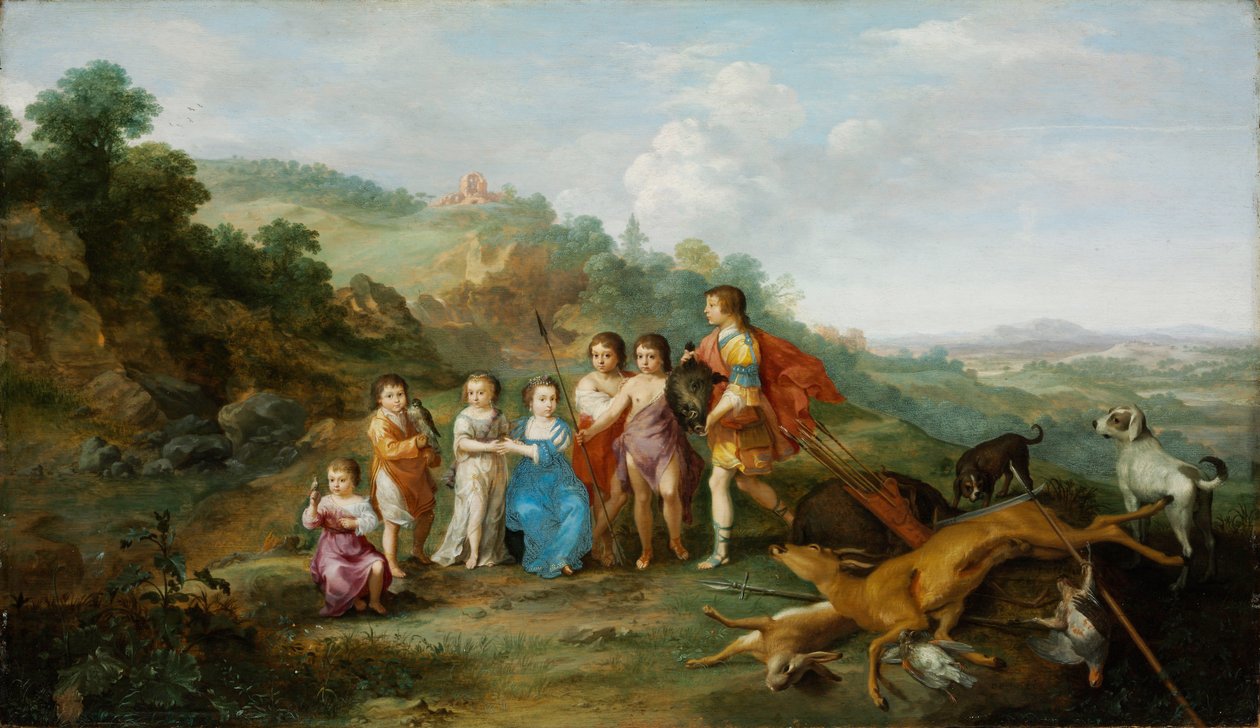 Les sept enfants du roi Hiver (The Seven Children of the Winterking) - Peinture de Cornelis van Poelenburgh (1594 ou 1595-1667), huile sur bois (37.9x65.3 cm) 作者 Cornelis van Poelenburgh或Poelenburch