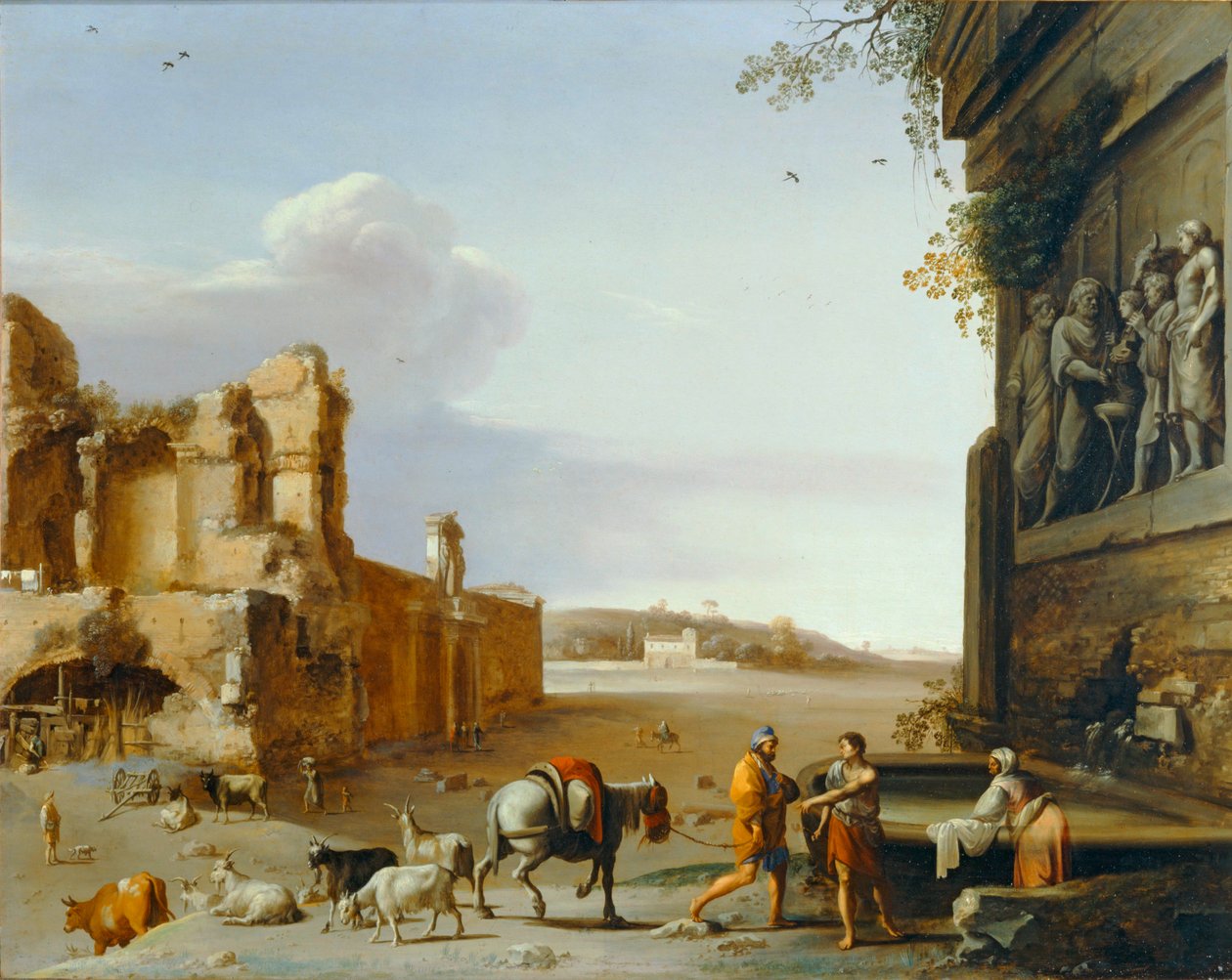 古罗马废墟上的马库斯-奥勒留献祭浮雕... 作者 Cornelis van Poelenburgh或Poelenburch