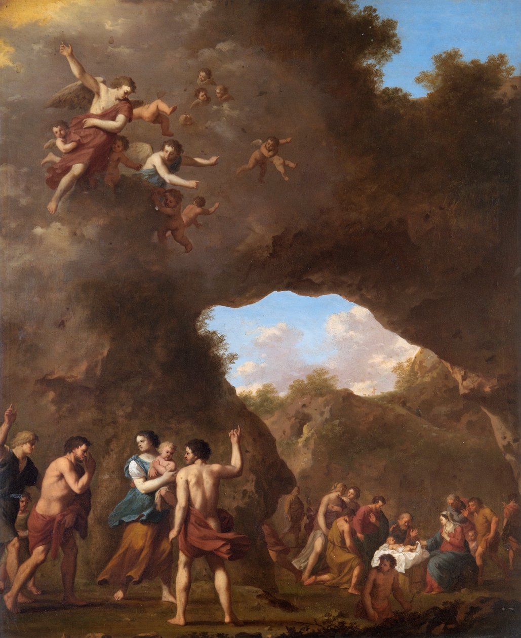 天使引导牧羊人前往耶稣诞生地（铜胎油画） 作者 Cornelis van Poelenburgh或Poelenburch