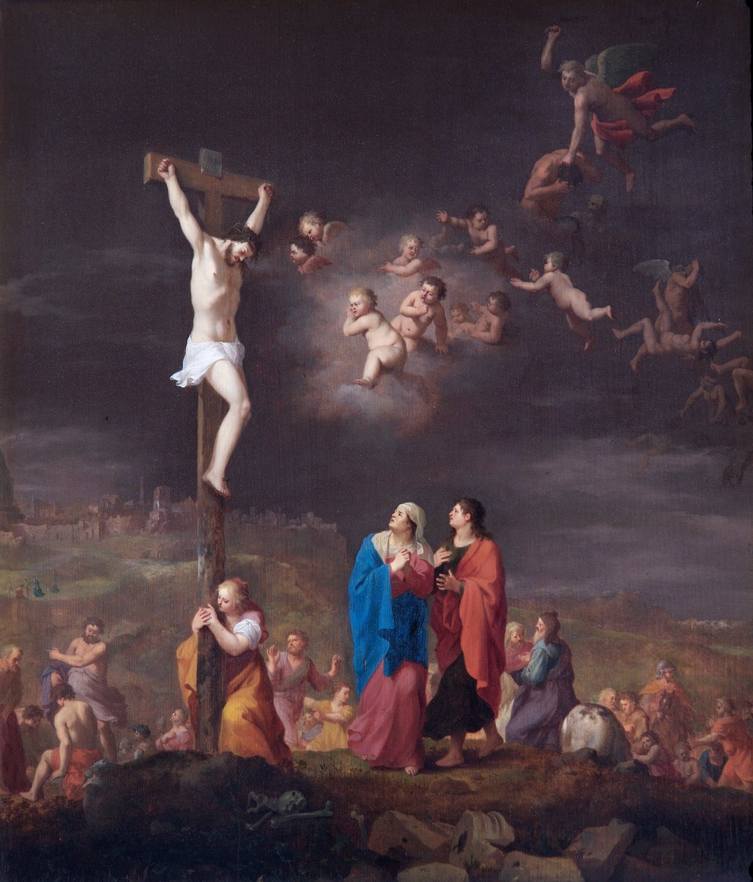 耶稣受难，反叛天使陨落（橡木板上油画） 作者 Cornelis van Poelenburgh或Poelenburch