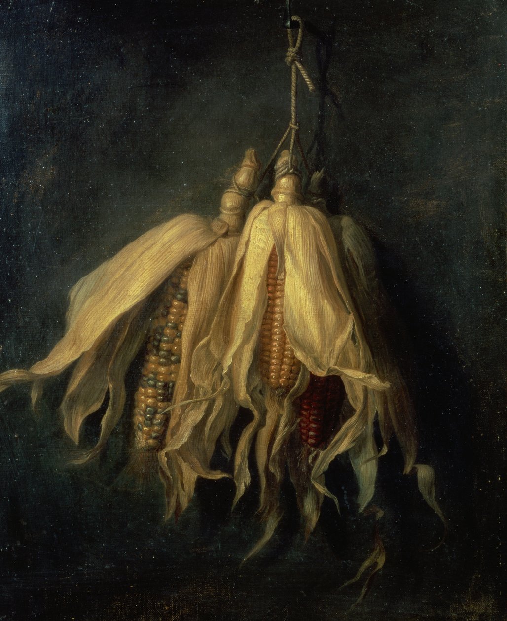 钉子上挂着三个玉米棒（布面油画） 作者 Cornelis van Spaendonck