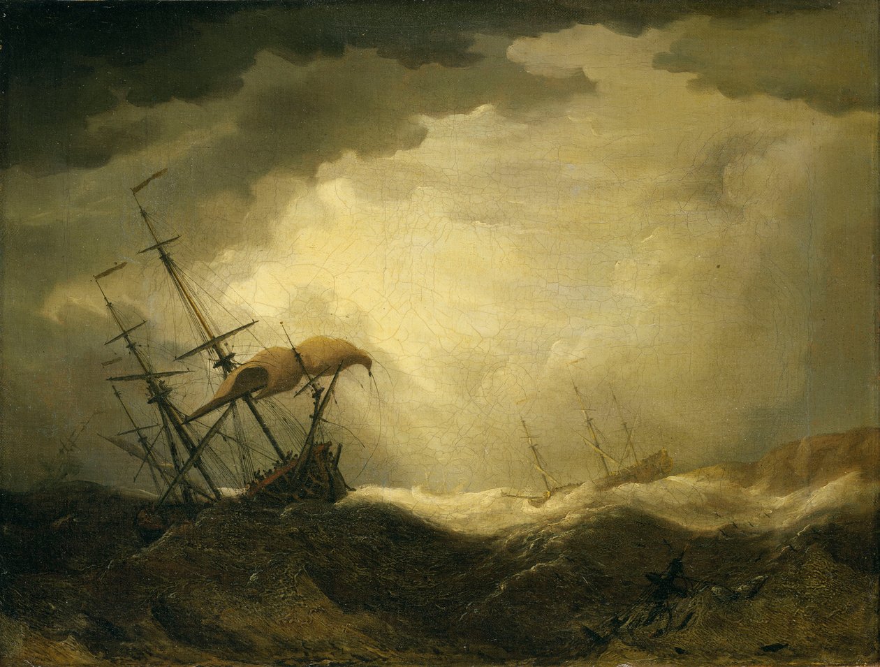 大海上驶向岩石海岸的船只，17 世纪末（布面油画） 作者 Cornelis van de Velde
