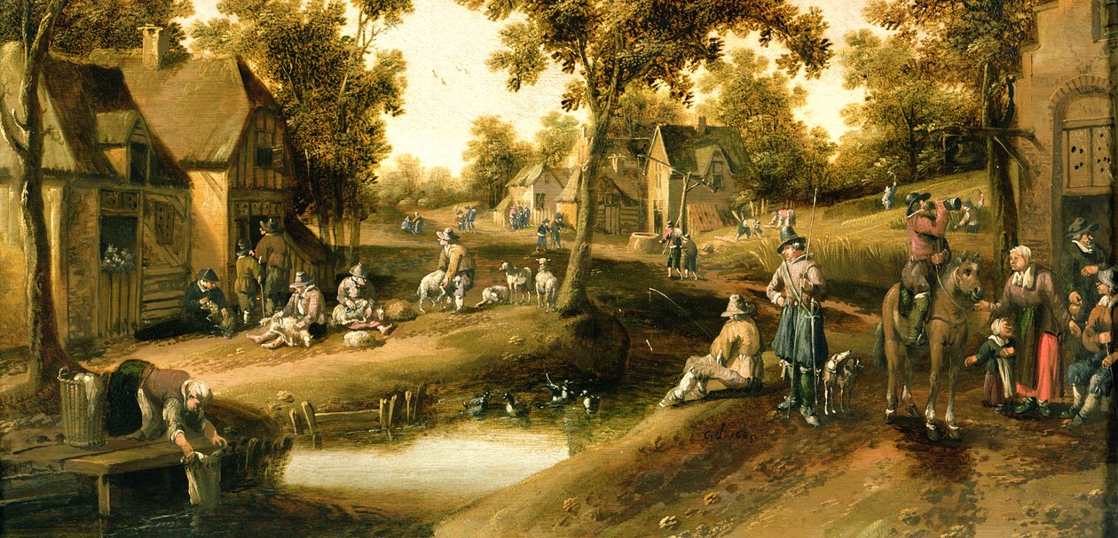 一个村庄场景与农民在一条小溪的银行 作者 Joost Cornelisz。 Droochsloot