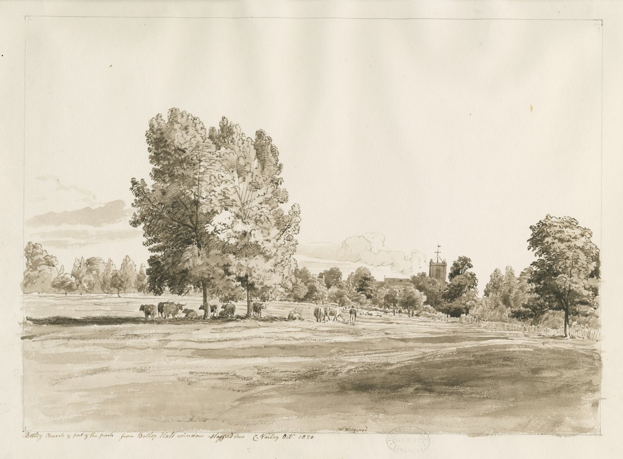 贝特利教堂：钢笔和棕褐色绘画，1820年10月（绘画） 作者 科尼利厄斯·瓦利