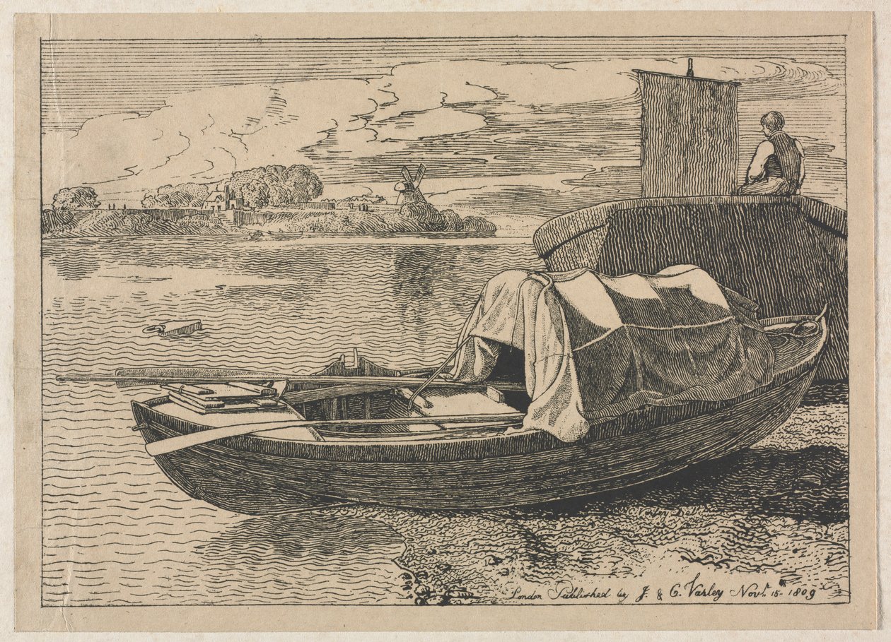 小船在河上，距离风车，1809年。 作者 科尼利厄斯·瓦利