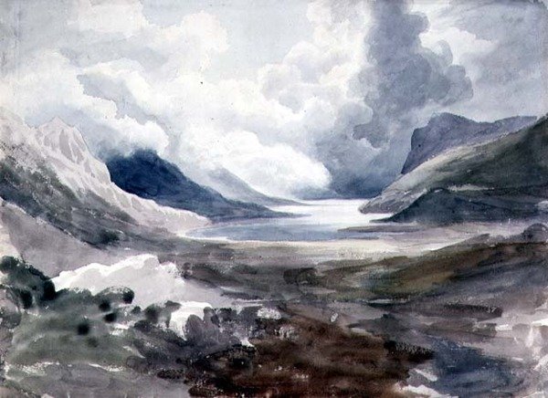 北威尔士Llyn Gwynant（纸上水彩）。 作者 科尼利厄斯·瓦利