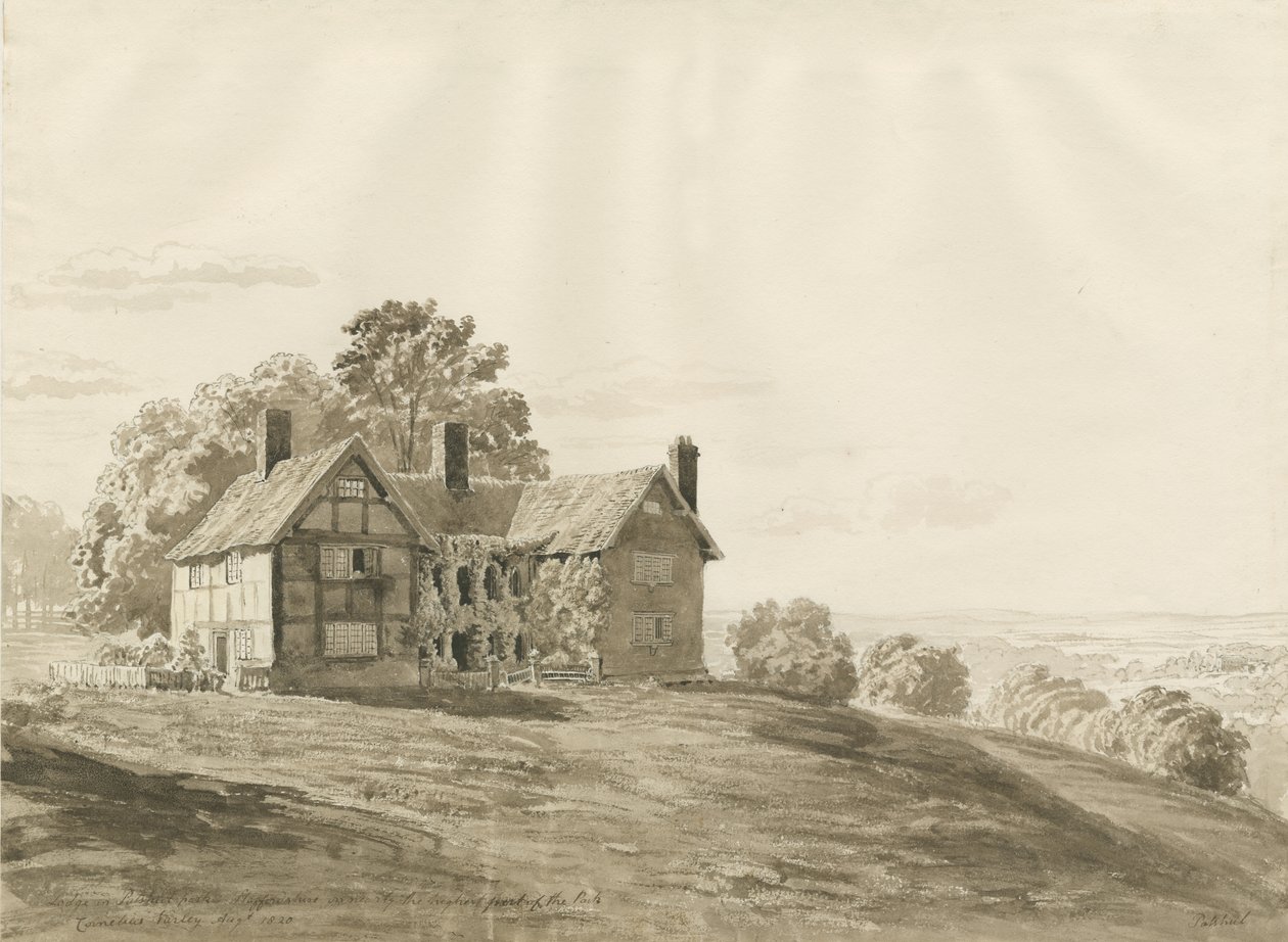 Patshull公园-小屋：棕褐色水墨画，1820年8月 作者 科尼利厄斯·瓦利