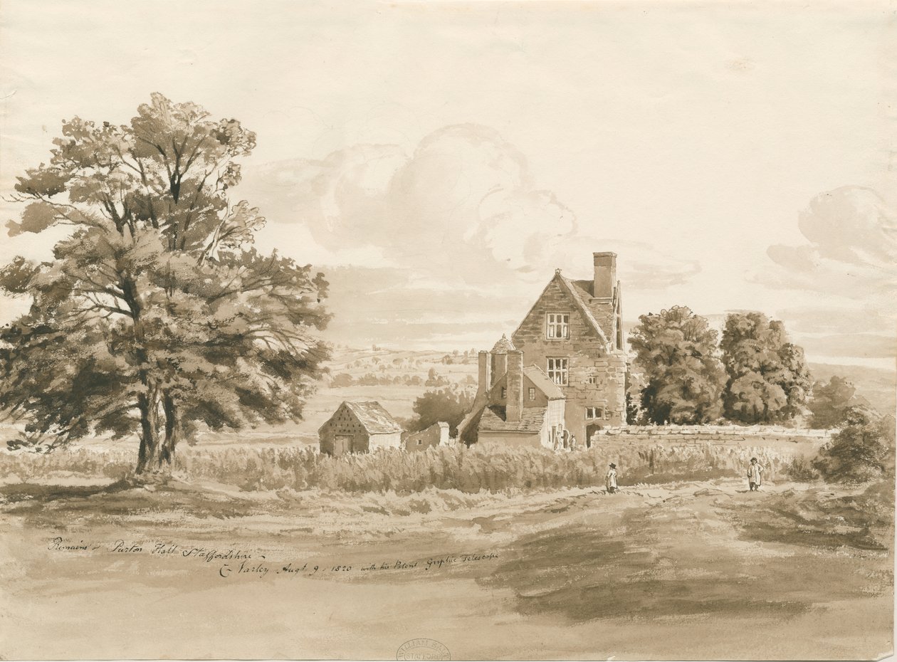 Tettenhall-Perton Hall：棕褐色水墨画，1820年8月9日（绘画） 作者 科尼利厄斯·瓦利
