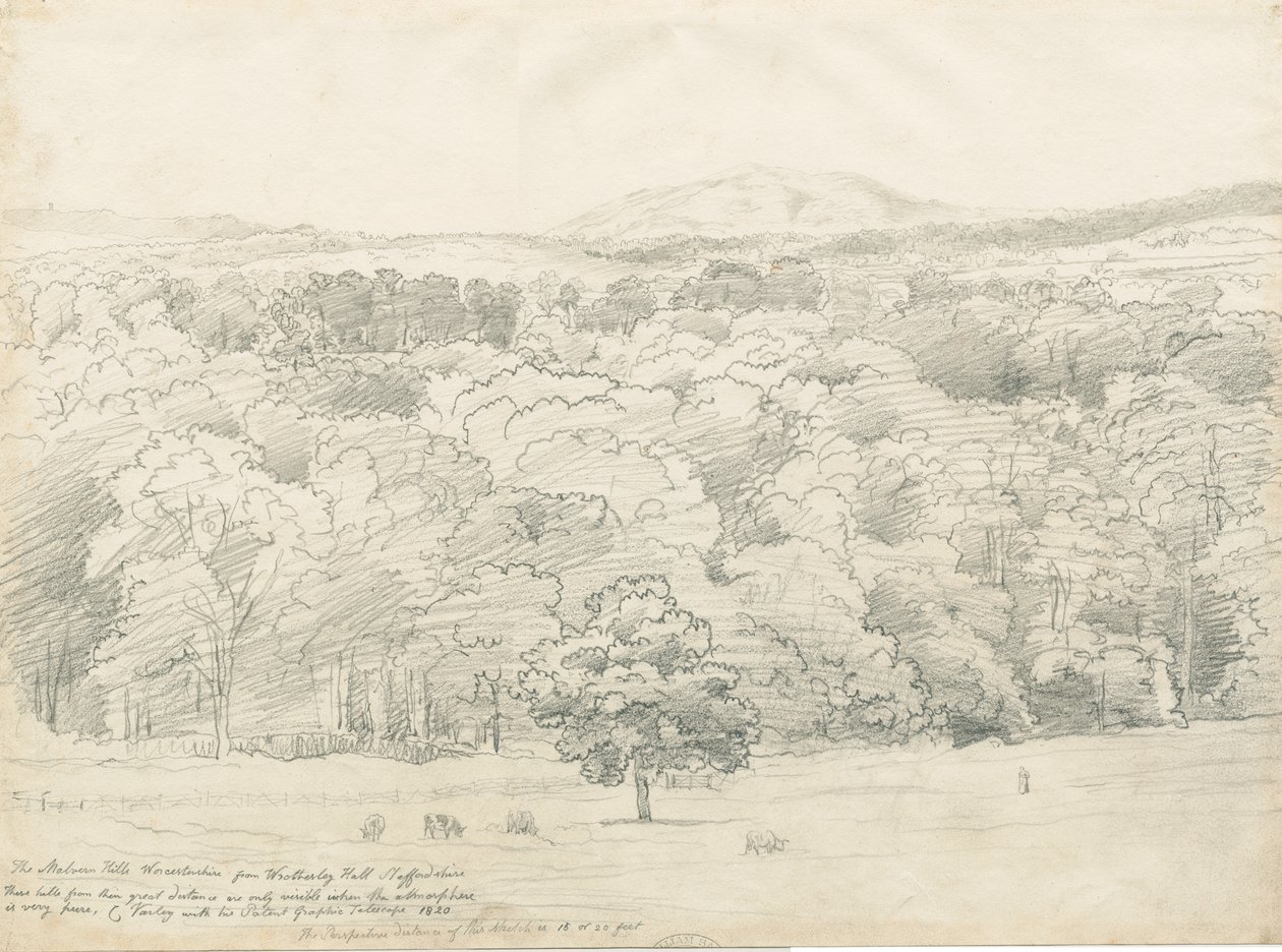 Wrottesley Hall-大莫尔文山景观：铅笔素描，1820年 作者 科尼利厄斯·瓦利