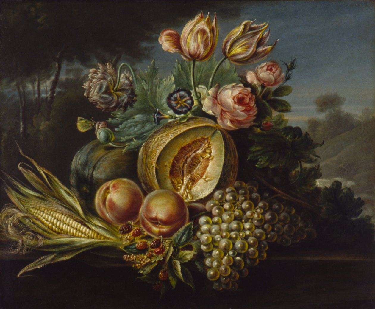 水果和花的静物画，1824年。 作者 科尼利厄斯·德·甜菜