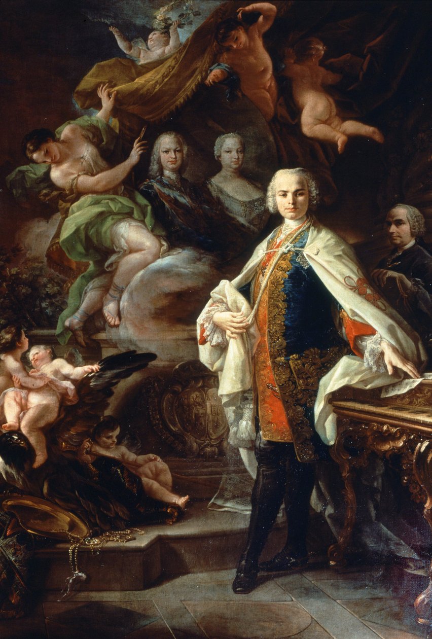 意大利阉人卡洛·法里内利 (Carlo Broschi, dit; 1705 - 1782)，身着卡拉特拉瓦勋章的白大褂，在西班牙菲利普二世的宫廷中。 Corrado Giaquinto (1703-1766) 的绘画，博洛尼亚 Civico Museo Bibliografico Musicale。 作者 科拉多·贾昆托（Corrado Giaquinto）
