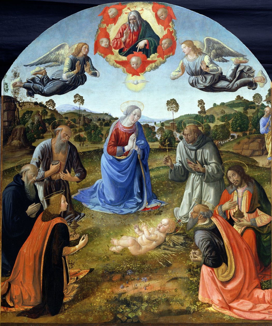 耶稣的崇拜，1480年代（木头上的蛋彩画） 作者 科西莫·罗塞利（Cosimo Rosselli）