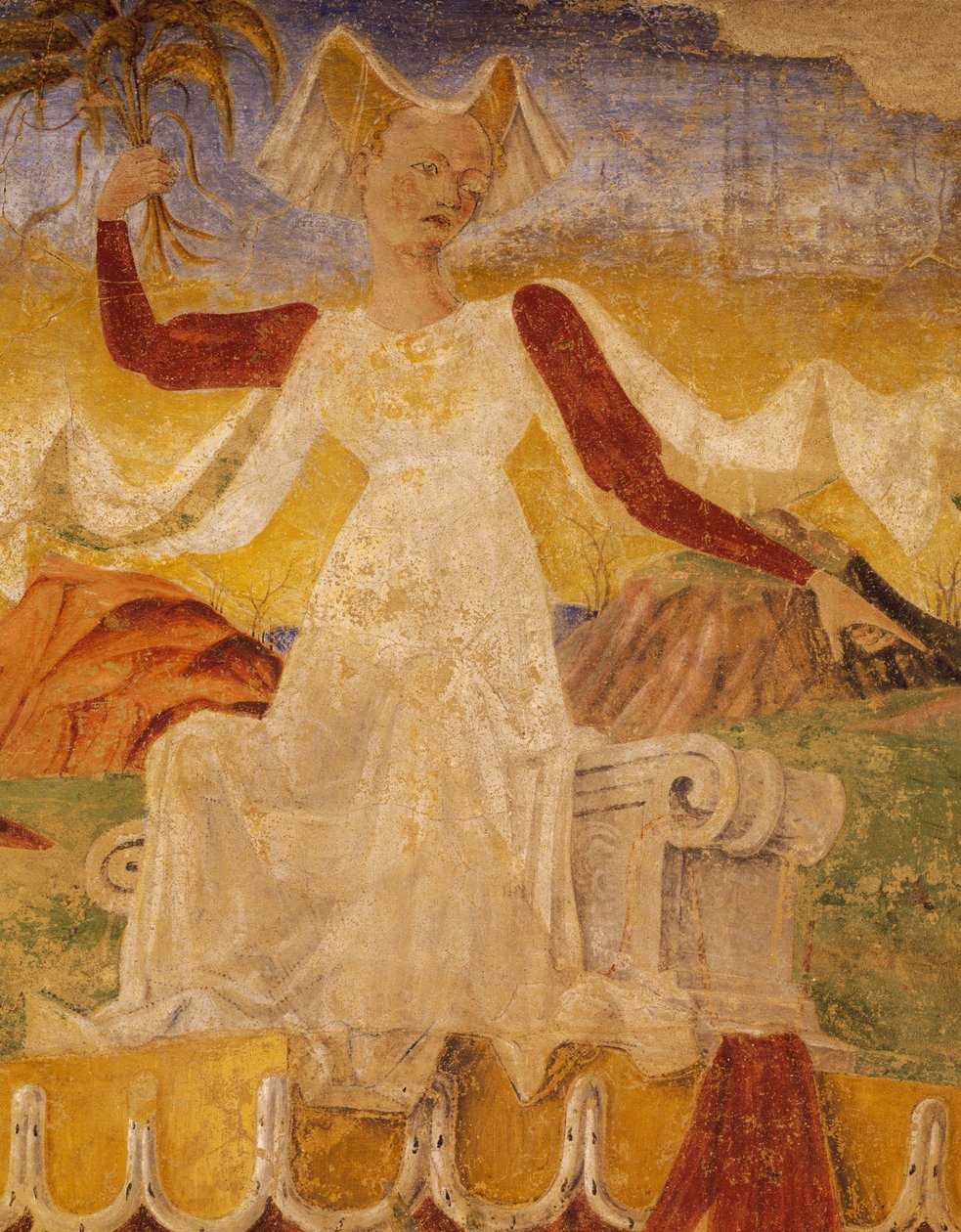 谷神星手里拿着玉米穗，谷神星凯旋的细节，八月场景，约 1470 年，归因于科西莫·图拉和埃尔科莱大师，壁画，北墙，月厅，斯基法诺亚宫，费拉拉，艾米利亚 - 意大利罗马涅 作者 科西莫 (Attr. to) 图拉