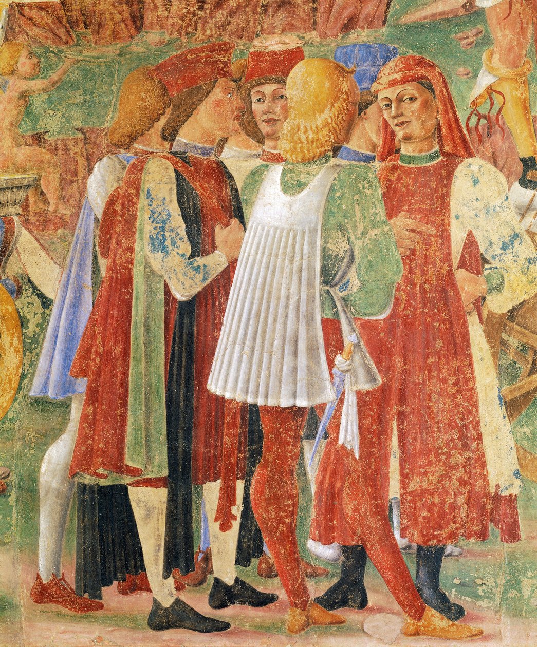 一群商人，谷神星胜利的细节，八月场景，归因于科西莫·图拉（Cosimo Tura，约 1430-1495 年）和埃尔科莱大师、壁画、北墙、月份大厅、Palazzo Schifanoia（欢乐宫），费拉拉， 意大利，约 1470 年 作者 科西莫 (Attr. to) 图拉