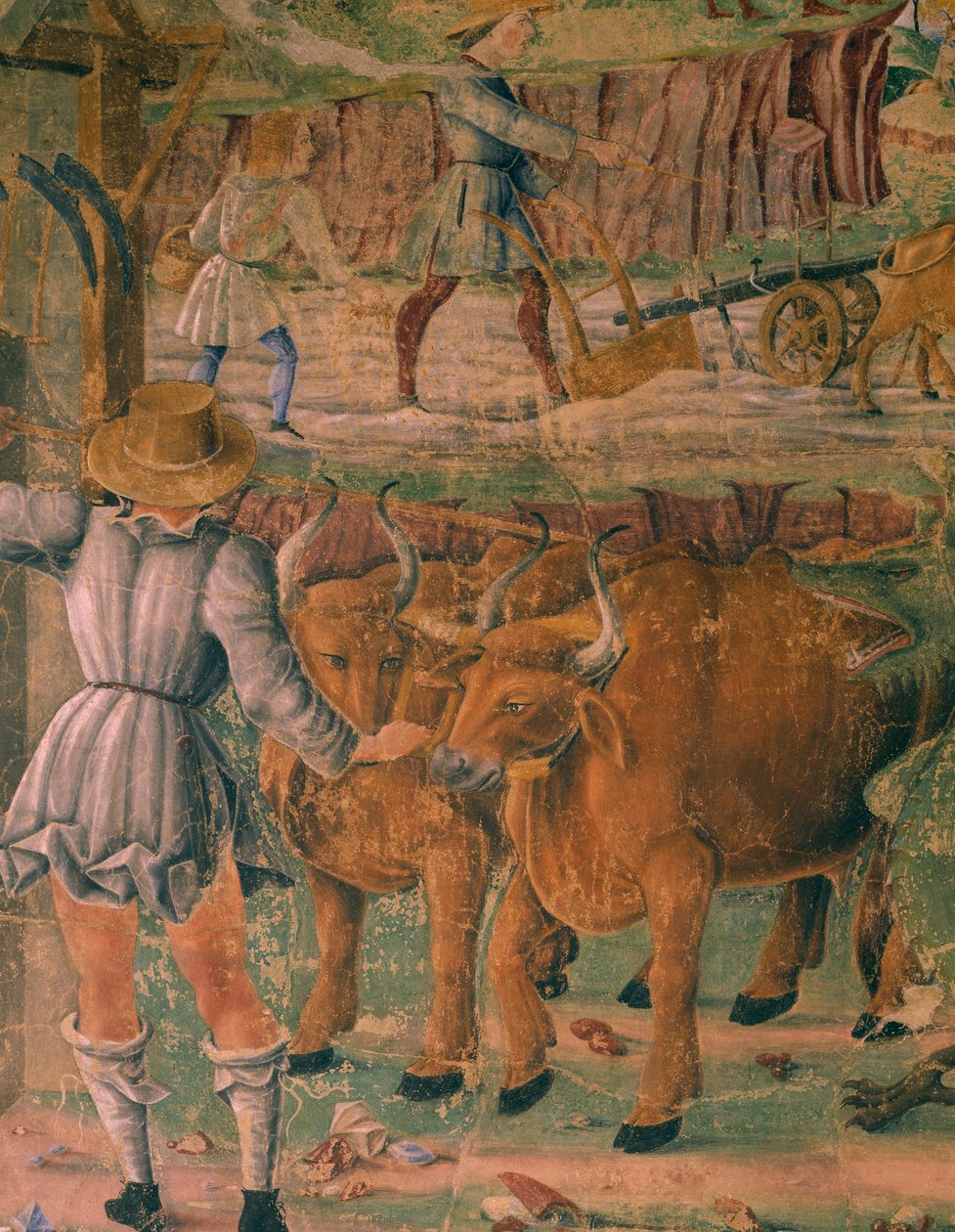 乡村生活图画，意大利费拉拉欢乐宫（Palazzo Schifanoia）月宫北墙壁画，《赛瑞斯的胜利》细节，八月场景，约 1470 年，科西莫-图拉（Cosimo Tura，约 1430-1495 年）和埃尔科勒大师创作 作者 科西莫 (Attr. to) 图拉