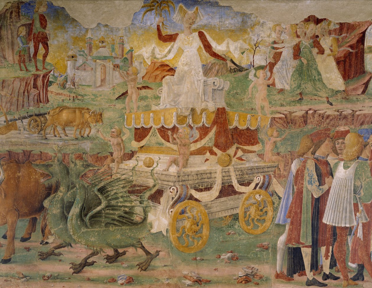 谷神星的凯旋，八月场景，归因于科西莫·图拉（Cosimo Tura，约 1430-1495 年）和埃尔科莱大师的壁画，北墙，月份大厅，斯基法诺亚宫（欢乐宫），费拉拉，意大利，细节，约 1470 年 作者 科西莫 (Attr. to) 图拉
