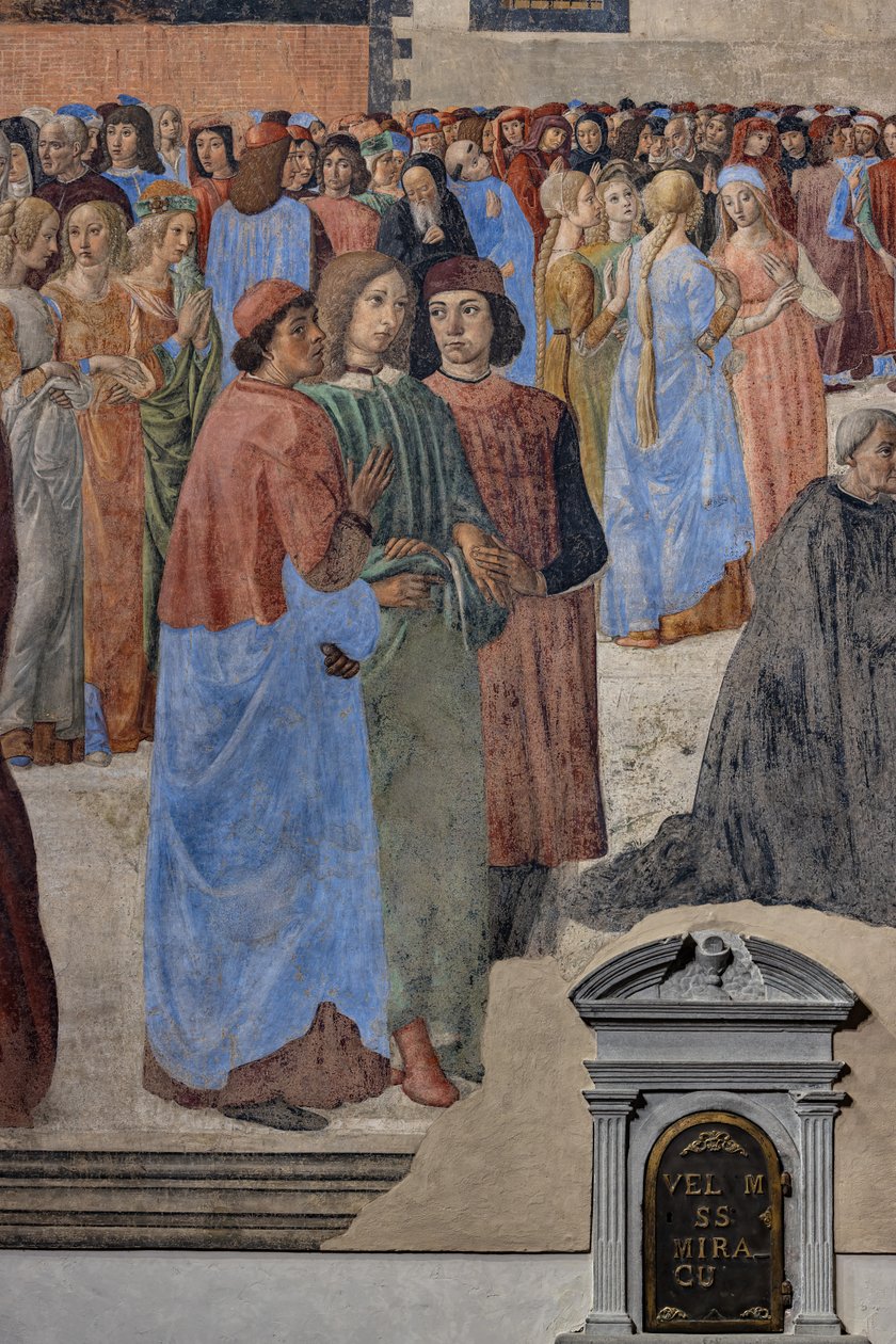 新柏拉图人文主义者团体（从左至右，Marsilio Ficino、Giovanni Pico della Mirandola 和 Agnolo Poliziano）：“圣礼奇迹”的细节，壁画（壁画） 作者 科西莫·罗塞利（Cosimo Rosselli）