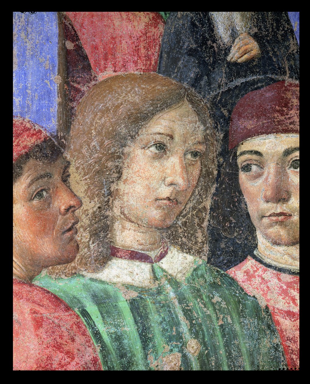 在S. Ambrogio教堂前的主教游行，Poliziano的细节1454-94 Pico della Mirandola 1463-94和Marsilio Ficino 1433-99 1468壁画 作者 科西莫·罗塞利（Cosimo Rosselli）