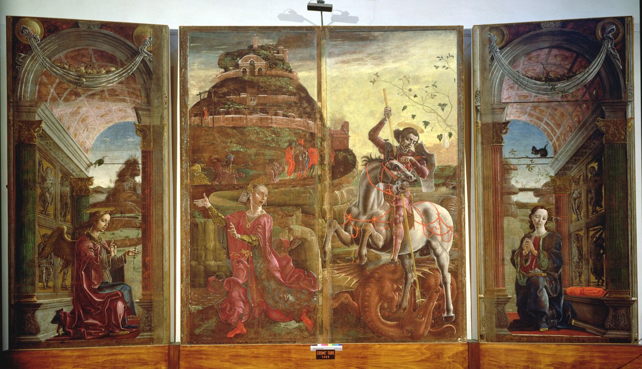 Polyptych描绘圣乔治和龙与天使报喜，1469（面板上的蛋彩画）（另见215997） 作者 Cosimo Tura