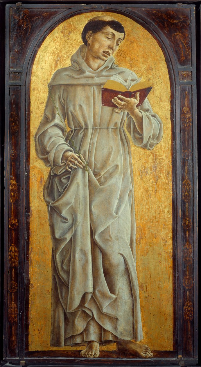 帕多瓦的圣安东尼阅读 (san antonio di padova) Cosme Tura (1430-1495) 的木画。 0,71x0,31 m 作者 Cosimo Tura