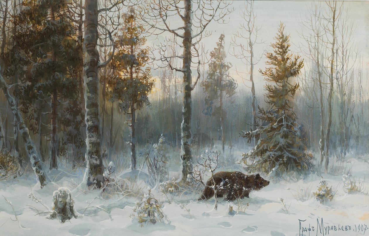 有熊的冬季风景，1907年 作者 弗拉基米尔·列昂尼多维奇·穆拉维约夫伯爵