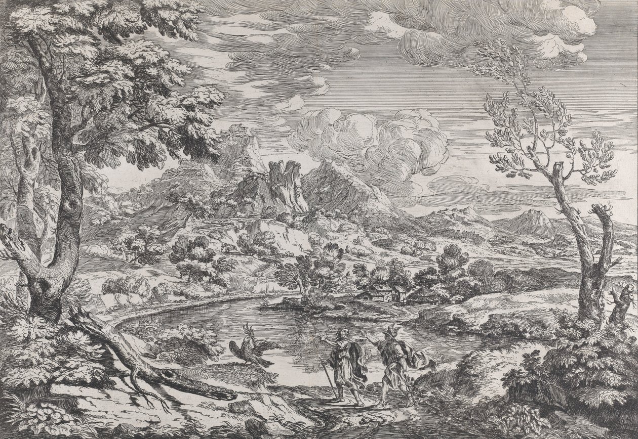景观，一个人向墨丘利展示朱庇特的鹰，约1695-99年。 作者 Crescenzio Onofri