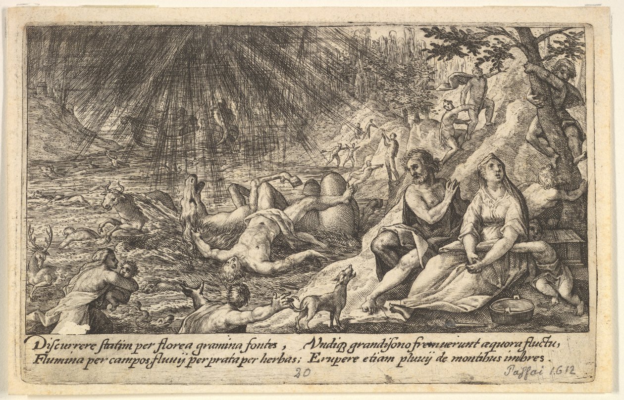洪水的开始：男人和女人爬到右边的高处，水淹没了...，1612年。 作者 Crispijn de Passe I.