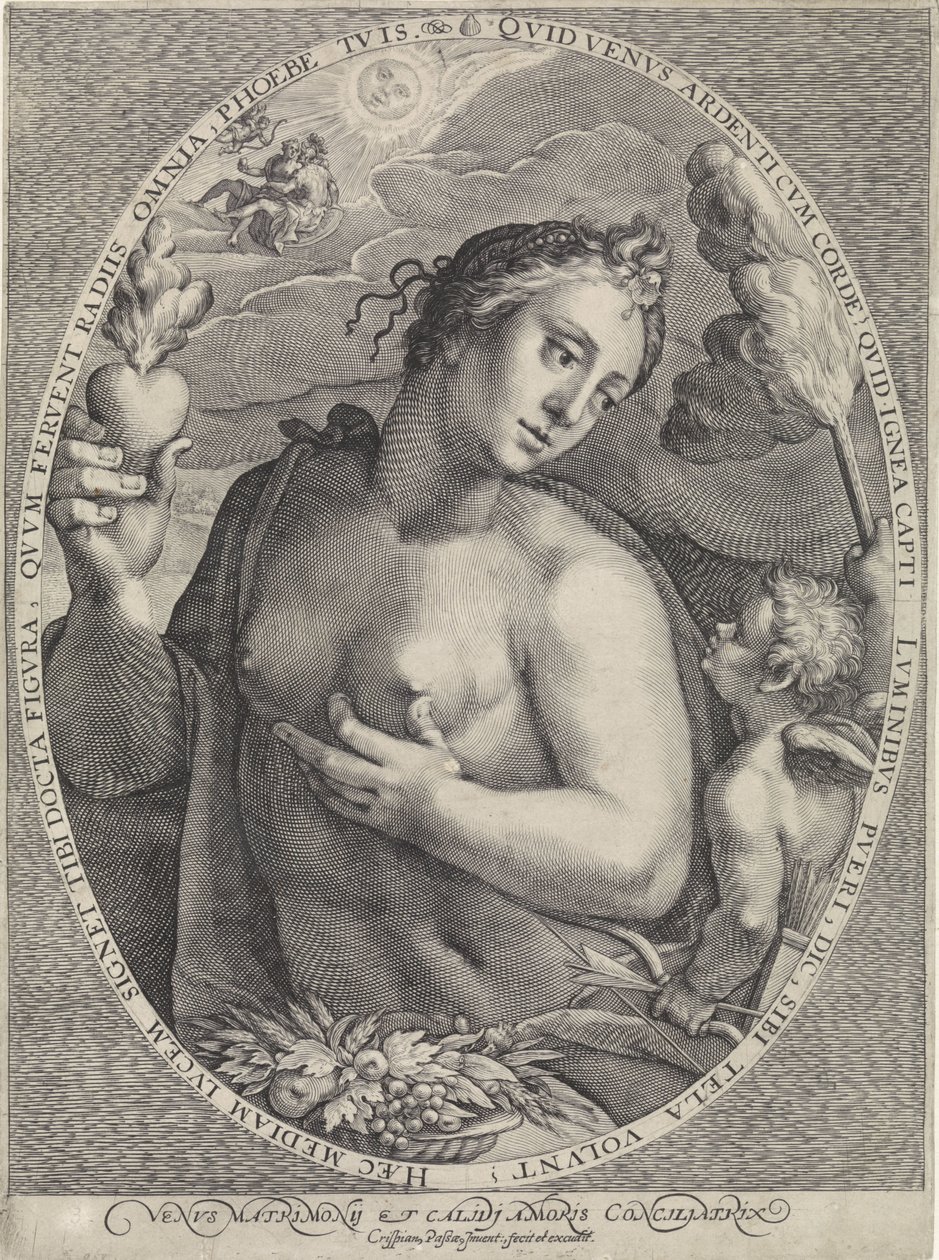 维纳斯与爱神
Venus Matrimonij et Calidj Amoris Conciliatrix（物品上的标题）
戴安娜、维纳斯和极光（系列标题） 作者 克里斯皮恩·范德帕塞 (I)