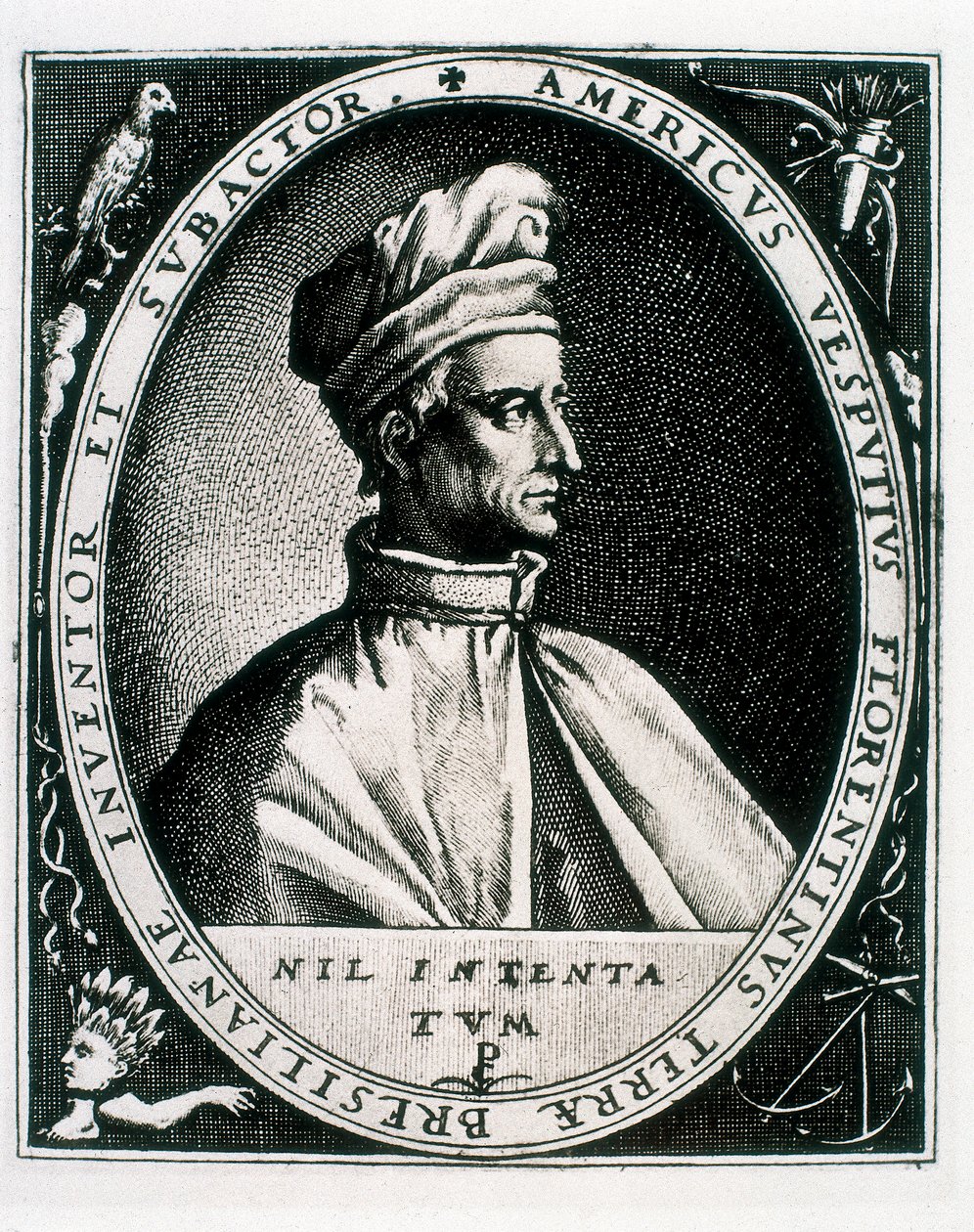 Portrait of Amerigo Vespucci, inscription "Americus Vesputius Florentinus Terrae Bresilianae Inventoret Subactor" (engraving) 作者 克里斯平·德·德（过后）