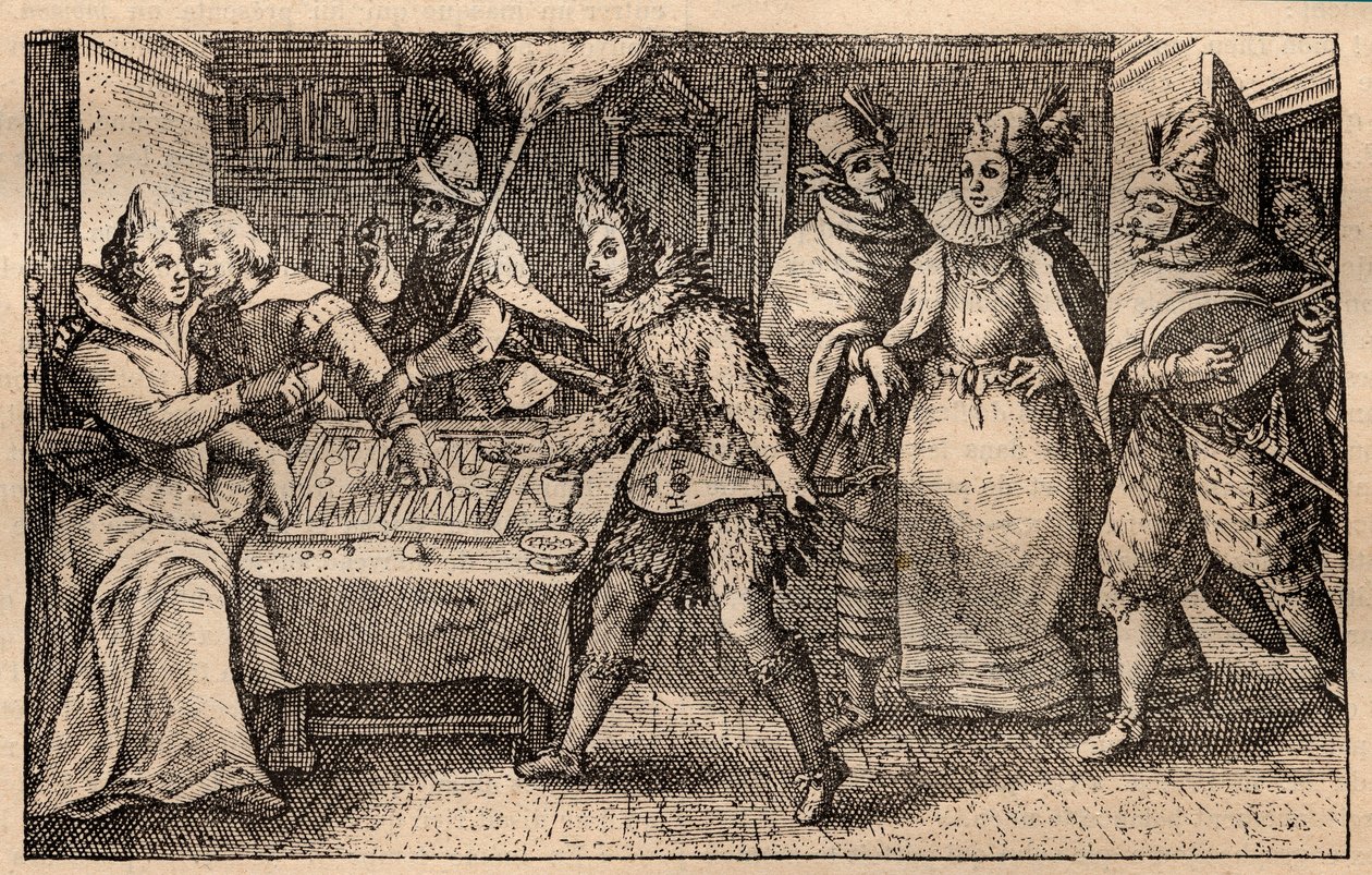 双陆棋派对与漫步的玩家--荷兰铜版画；出自克里斯平-德-帕斯（1550-1643）的一套版画《Hortus Voluptatem》--一对玩双陆棋的夫妇被五个男人的面具惊到了，克里斯平-德-帕斯-L