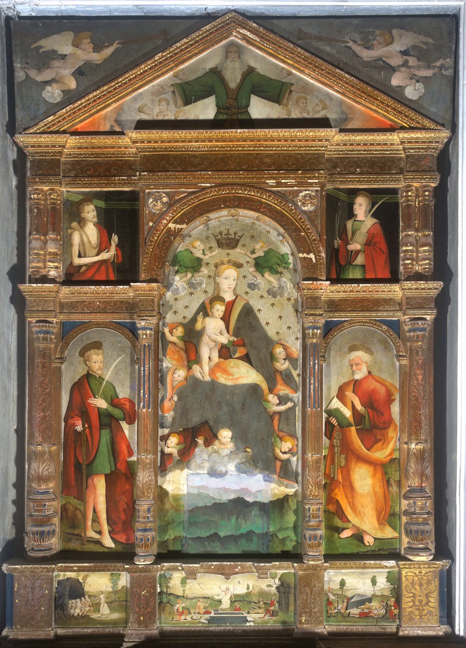 头戴皇冠的圣母子与天使、圣保罗、圣彼得 作者 Cristoforo (fl.1525 1578) & Pancalino Raffaele (fl.1514 1573) Pancalino