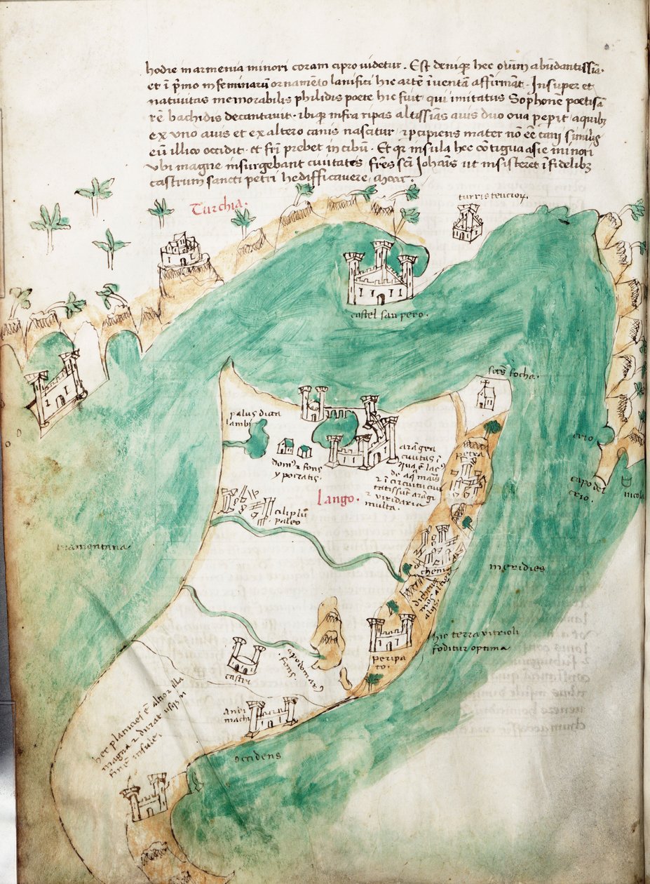 科斯和博德鲁姆地图，约 1420 年（牛皮纸） 作者 克里斯托弗·布翁德尔蒙蒂