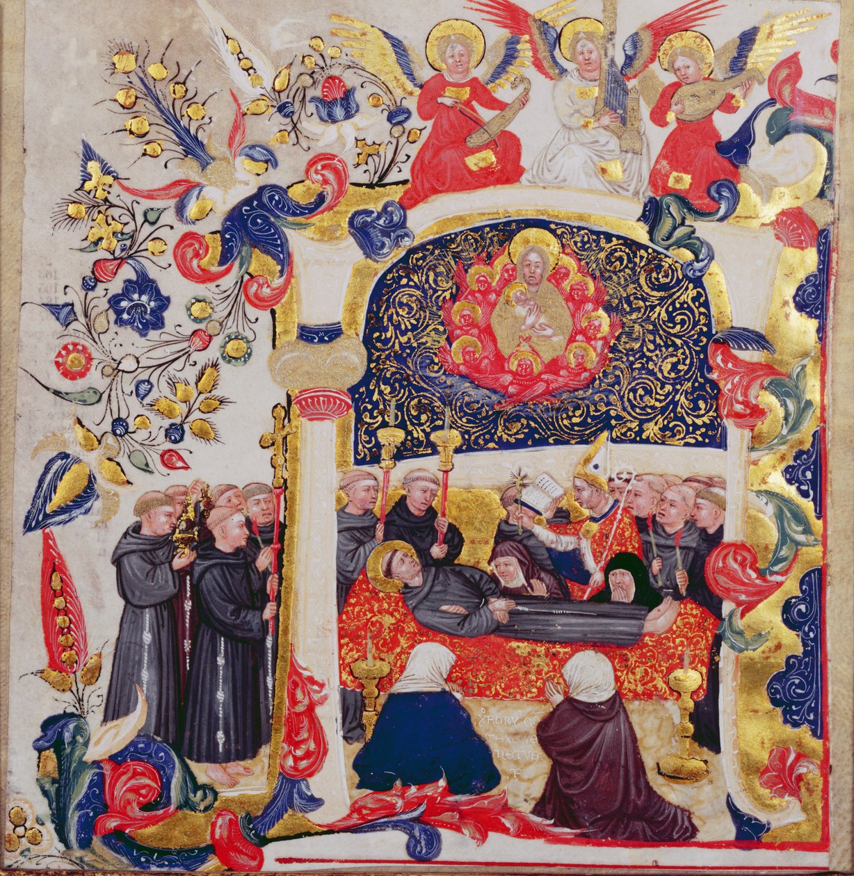 有人居住的最初&39;A&39;描绘圣弗朗西斯的葬礼，c.1410 作者 克里斯托福罗·科尔蒂斯（Cristoforo Cortese）