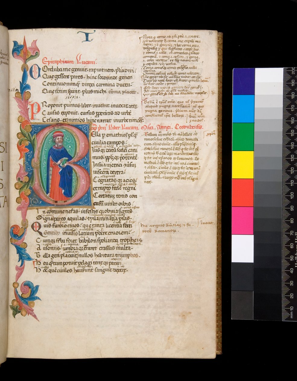 325 女士。 Lucan、Bellum Civile 和其他作品，f.10r。 发光的首字母 [B]，上面有一幅完整的作者肖像，延伸到部分树叶边界，c.1400-10（羊皮纸） 作者 克里斯托福罗·科尔蒂斯（Cristoforo Cortese）