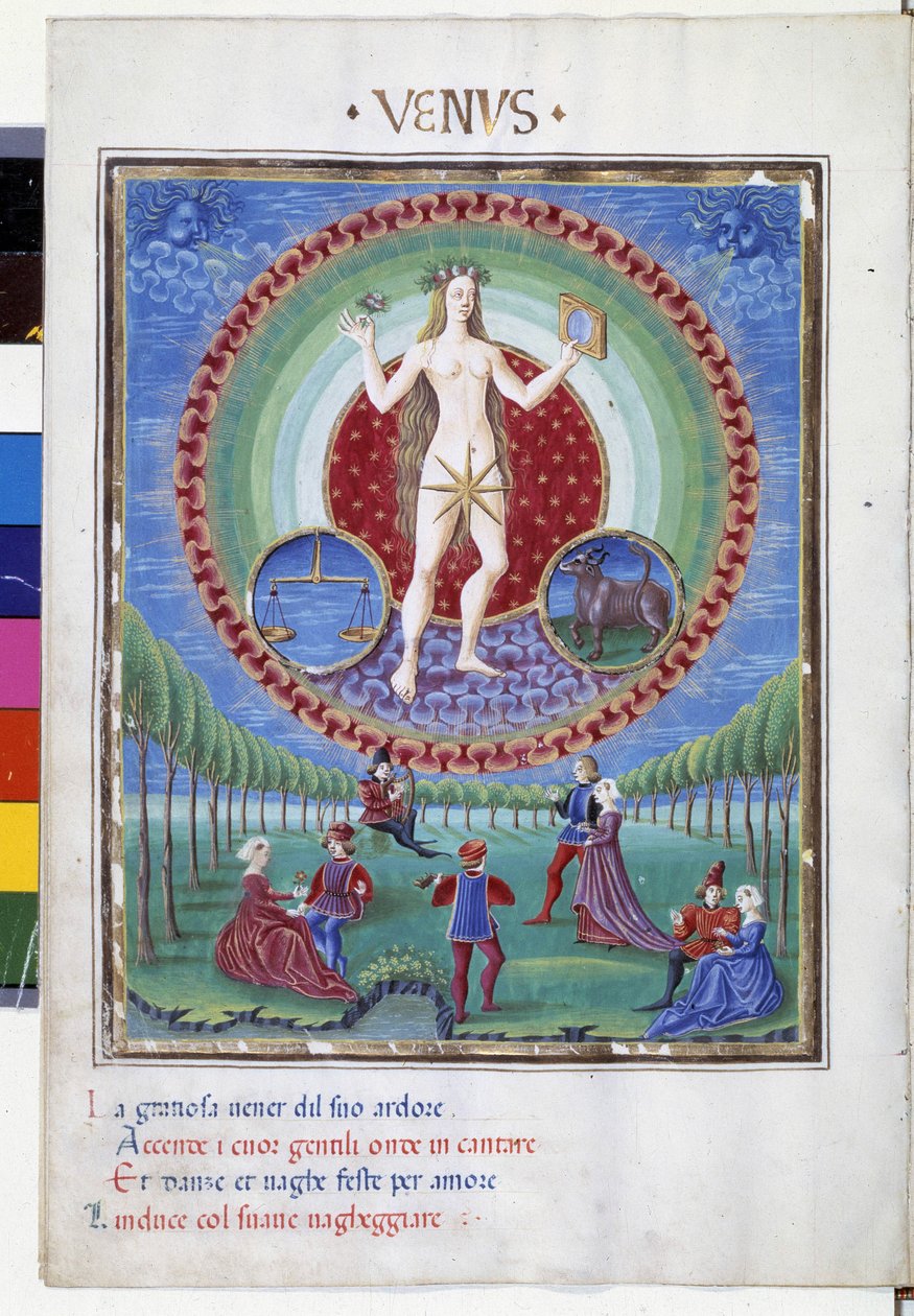 带有平衡和公牛的十二生肖。 楼下，盛况空前。 由 Cristoforo de Predis (v. 1440-v. 1486) 制作的缩影——在“”De Sphaera”””d