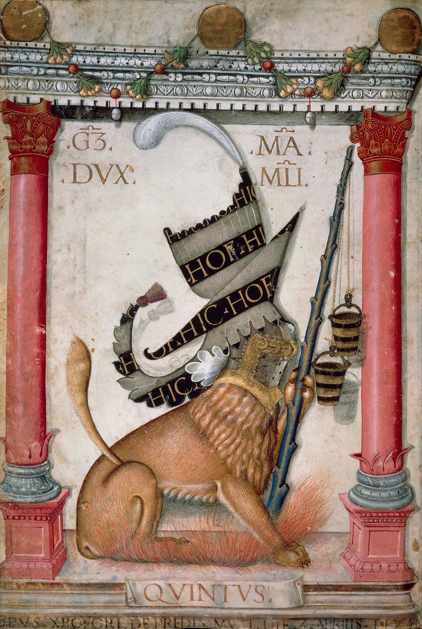 纹章符号描绘了带有狮子、火花和 Galeazzo Maria Sforza 水桶的纹章符号，Cristoforo de Predis 照亮的页面，来自新约法典，124 年，意大利 1475 年。 作者 克里斯托福罗·德·普雷迪斯