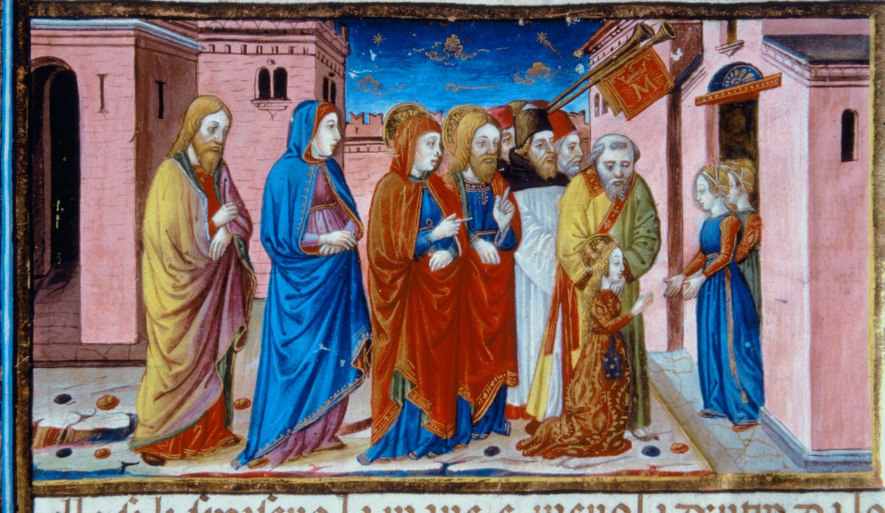 在法典De Predis（c.15v）中描绘圣殿处女接受玛丽的照明 作者 克里斯托福罗·德·普雷迪斯