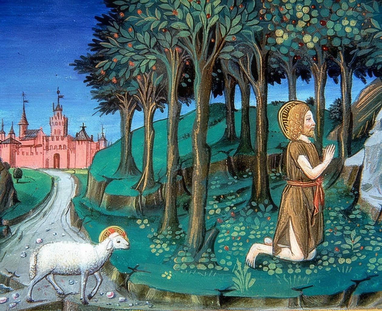 施洗约翰（John Baptist）在城门外祈祷（c.143v）。 1476 作者 克里斯托福罗·德·普雷迪斯