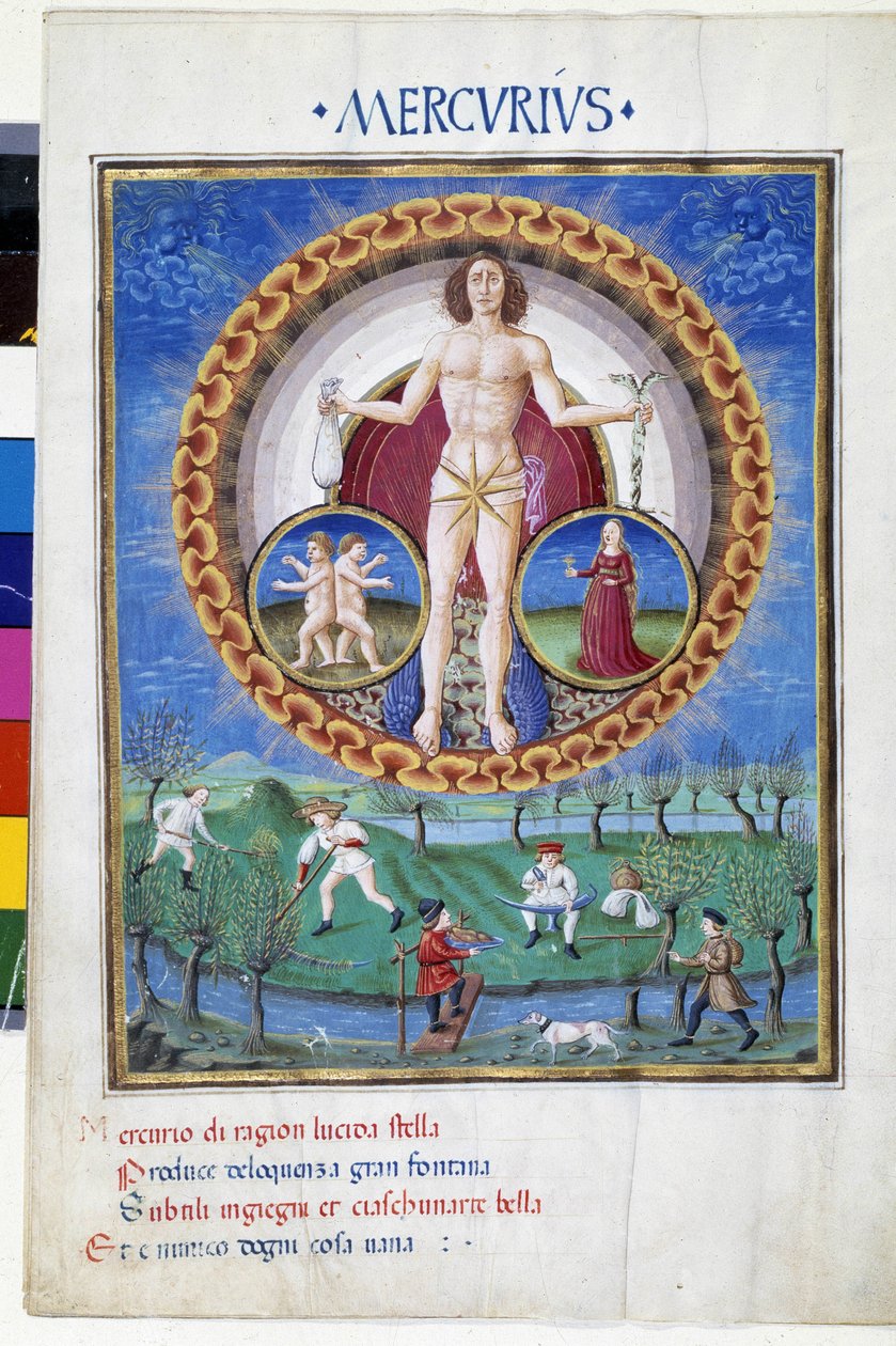 水星与处女和宝石的星座。 楼下，农民在地里干活。 由 Cristoforo de Predis (v. 1440-v. 1486) 制作的缩影——在“”De Sphaera”””d